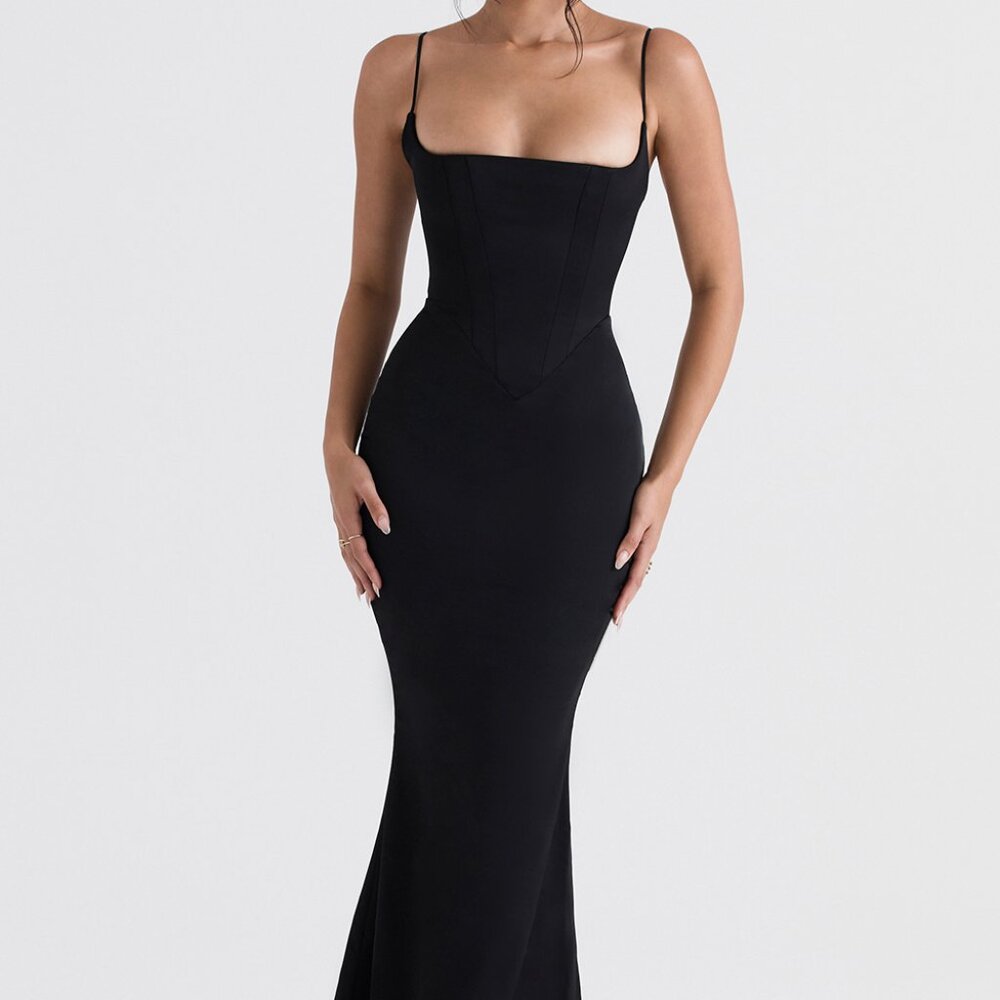 House of CB OLIVETTE BLACK SATIN CORSET MAXI DRESS